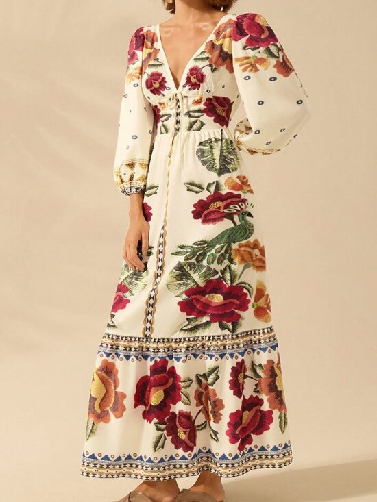 Dresses & Skirts - Multicolor Boho Women's Floral Print V-Neck Long Sleeve Hollow Back Dress